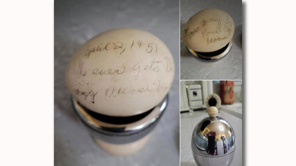 Facebook users scrambled to come up with an answer to the mystery of a message written on an egg in 1951.  / Credit: CBS News