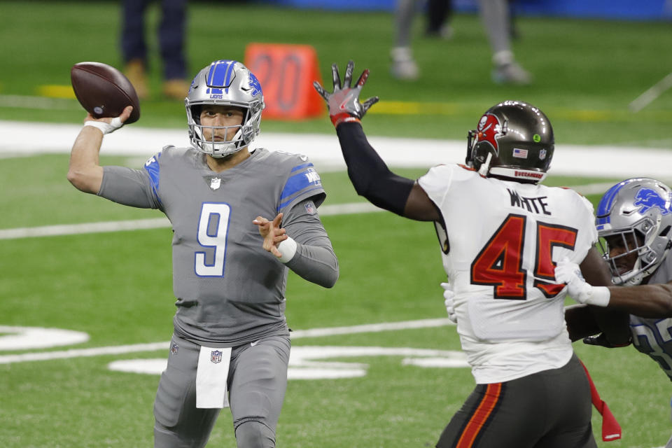 Detroit Lions quarterback Matthew Stafford (9) throws during the first half of an NFL football game against the Tampa Bay Buccaneers, Saturday, Dec. 26, 2020, in Detroit. (AP Photo/Al Goldis)