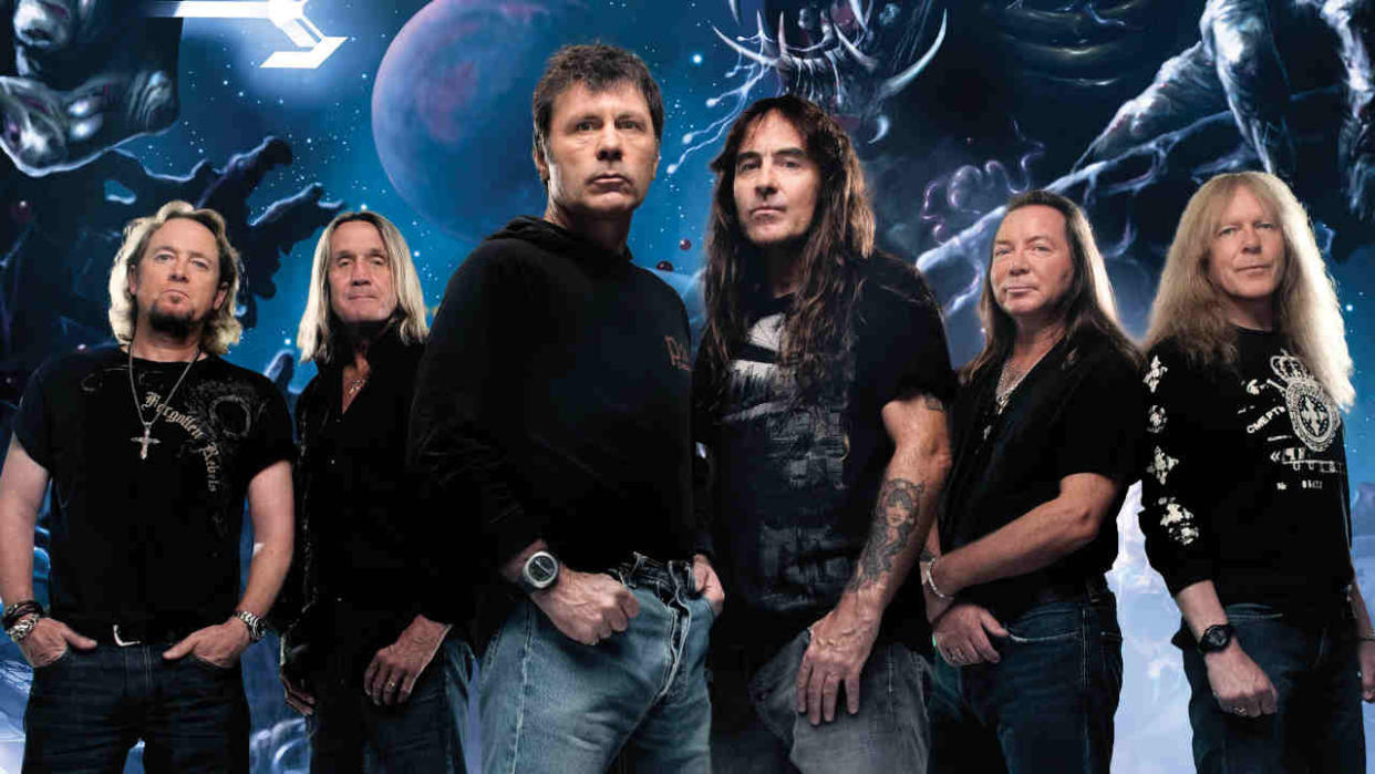  Iron Maiden against a space-style background. 