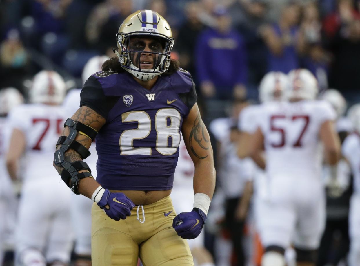 Washington linebacker Psalm Wooching led the Huskies in sacks in 2016. (AP Photo/Ted S. Warren)