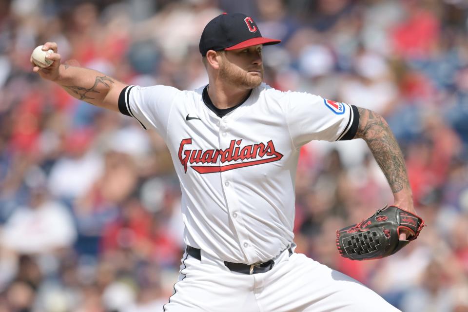 Cleveland Guardians starting pitcher Ben Lively (39) throws a pitch during the first inning against the Washington Nationals on Saturday at Progressive Field.