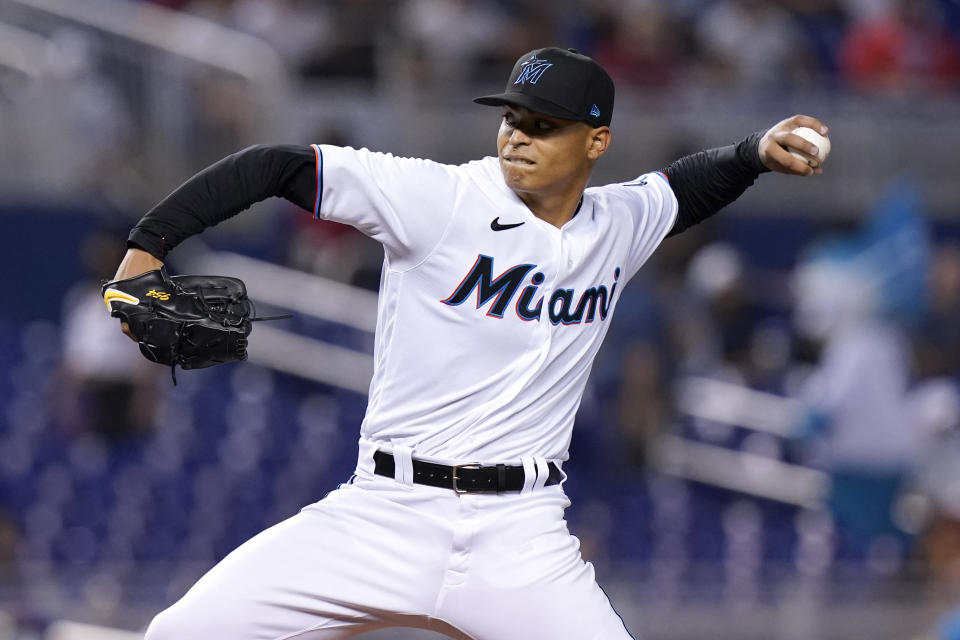 Miami Marlins starting pitcher Jesus Luzardo throws during the first inning of a baseball game against the New York Mets, Monday, Aug. 2, 2021, in Miami. (AP Photo/Lynne Sladky)