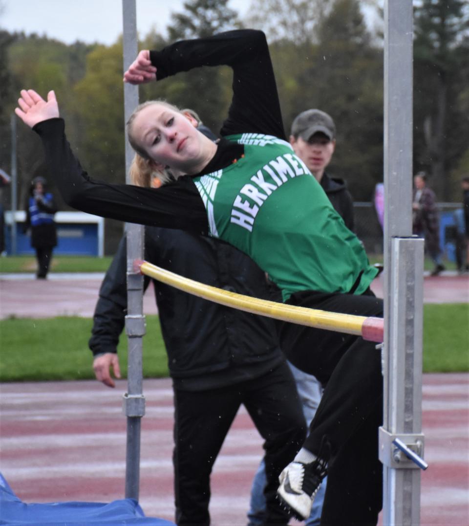 Herkimer Magician Rylie Biamonte won the high jump at Dolgeville with a single attempt Wednesday.