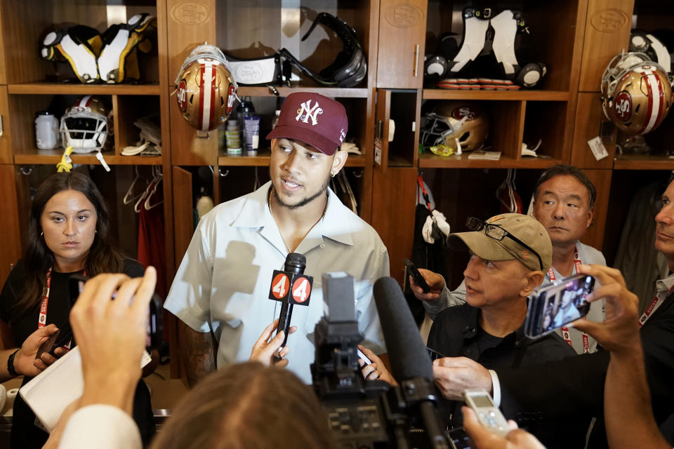 San Francisco 49ers quarterback Trey Lance speaks to reporters after an NFL preseason football game against the Denver Broncos in Santa Clara, Calif., Saturday, Aug. 19, 2023. (AP Photo/Godofredo A. Vásquez)