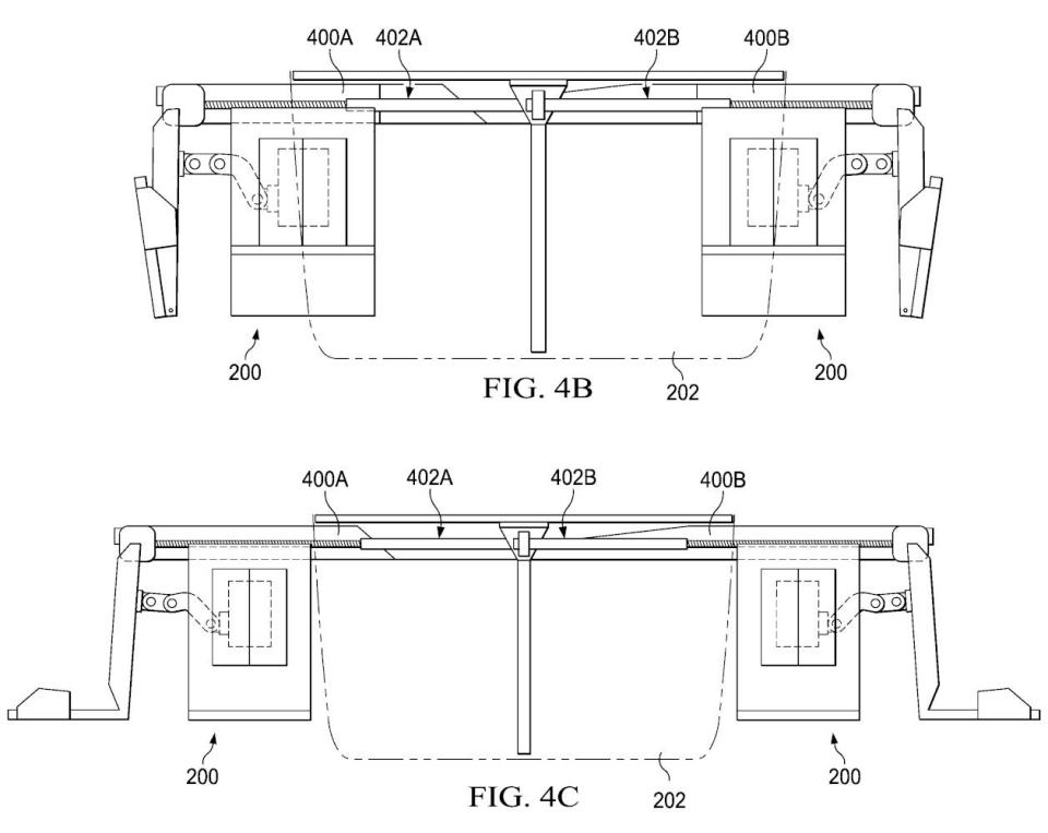 A pair of graphics showing the deployment concept for a portion of the pop-out seats, as would viewed from the front. <em>USPTO</em>