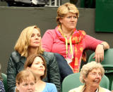Actress Kim Cattrall and TV presenter Clare Balding (top) watch the match between USA's Venus Williams and Japan's Kimiko Date-Krumm on day three of the 2011 Wimbledon Championships at the All England Lawn Tennis and Croquet Club, Wimbledon.