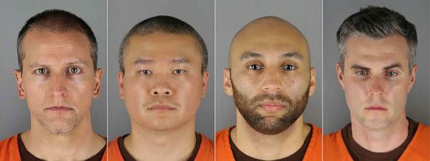 PHOTO: Former Minneapolis police officers Derek Chauvin, Tou Thao, J. Alexander Kueng and Thomas Kiernan Lane are seen in a composite image of thier booking photos released by the Hennepin County Jail. (Hennepin County Jail via Getty Images)