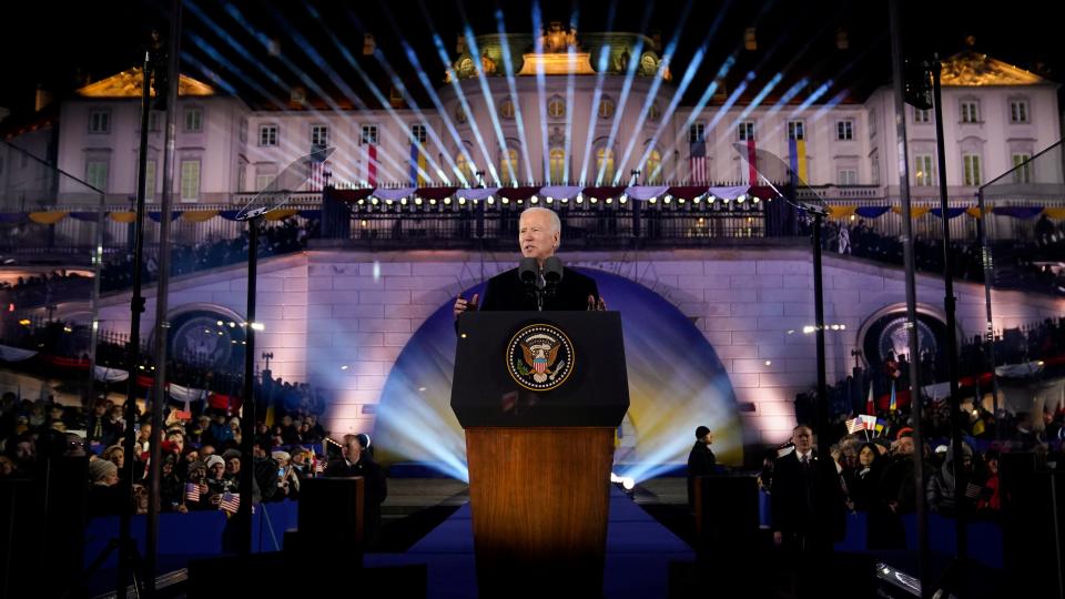 February 21, 2023: President Joe Biden delivers a speech marking the one-year anniversary of the Russian invasion of Ukraine, at the Royal Castle Gardens in Warsaw.