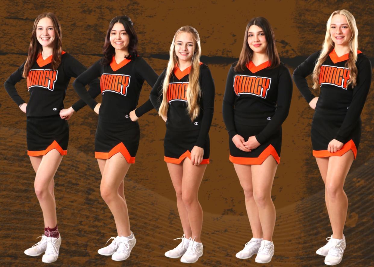 The Quincy Orioles had five competitive cheerleaders earn Big 8 All Conference honors. Pictured are, from left, Jenna Hagleshaw, Emma Watson, Kadence Luckadoo, Nicole Cianci, and Abby Tinervia