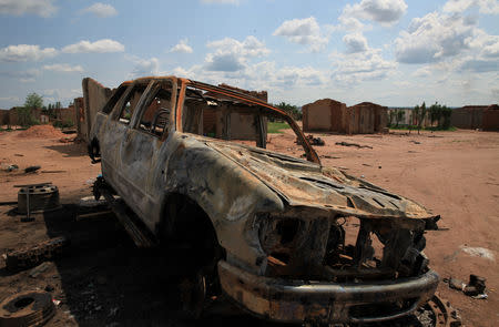 A burnt out car is seen in Kapende, a Congolese neighbourhood of Lucapa, Angola, October 19, 2018. REUTERS/Stephen Eisenhammer