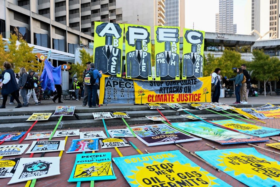 Demonstrators prepare to march in opposition to the APEC Summit Sunday, Nov. 12, 2023 in San Francisco. (AP Photo/ Noah Berger)