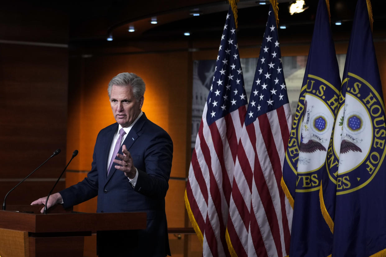 House Minority Leader Kevin McCarthy (R-CA) speaks during his weekly news conference at the U.S. Capitol on April 22, 2021 in Washington, DC. On Thursday, the House is set to vote on H.R. 51, the Washington, D.C. Admission Act. (Drew Angerer/Getty Images)