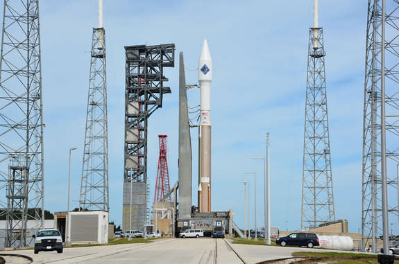 A United Launch Alliance Atlas V rocket with Orbital ATK's Cygnus spacecraft on board is seen shortly after arriving at the launch pad on Dec. 2 at the Cape Canaveral Air Force Station in Florida.
