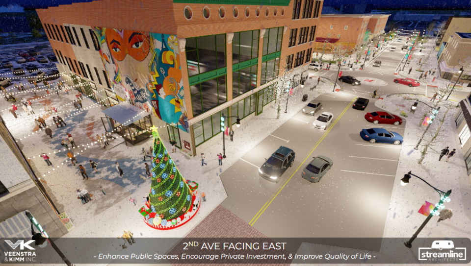A rendering of the redone 2nd Avenue in downtown Rock Island, with Arts Alley at left.