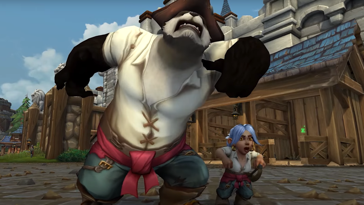  An image of a Pandaren and a Gnome taunting their enemies in World of Warcraft's new Battle Royale mode, Plunderstorm. 