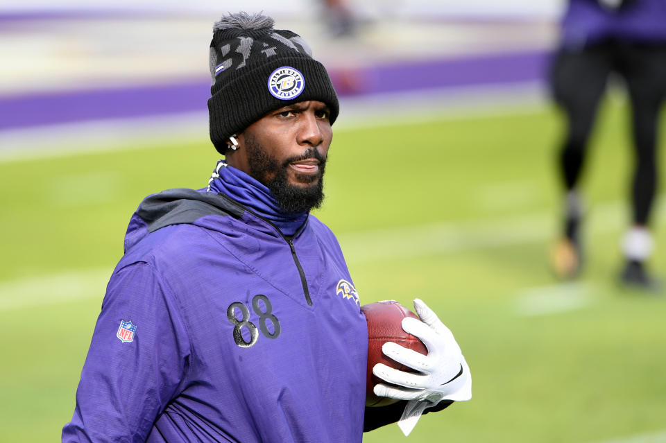 Wide receiver Dez Bryant #88 of the Baltimore Ravens looks on prior to the game against the Jacksonville Jaguars at M&T Bank Stadium on December 20, 2020 in Baltimore, Maryland. (Photo by Will Newton/Getty Images)