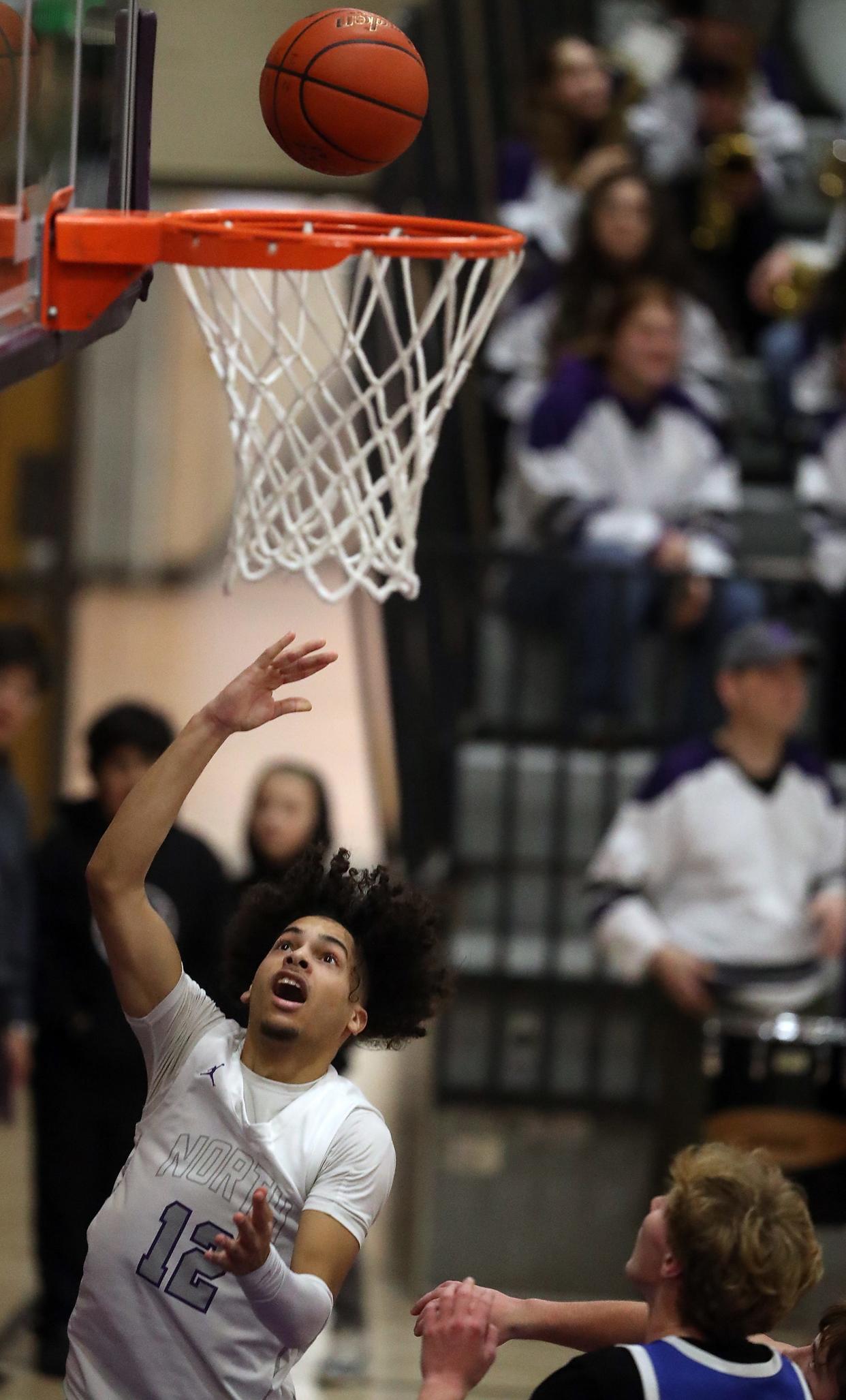 North Kitsap’s Harry Davies scores on a layup during their 70-44 win over Bremerton in Poulsbo on Tuesday, Jan. 9, 2024.