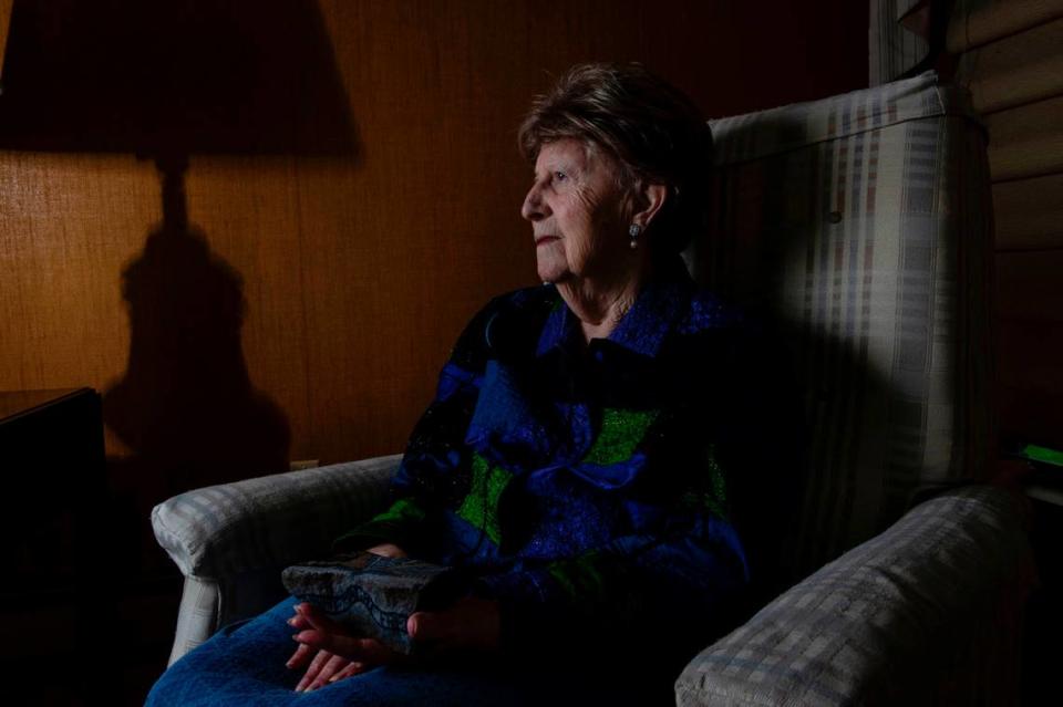 Elizabeth Nussbaum, 93, in her Overland Park home on Friday. At 16, Nussbaum and her family were sent to the Auschwitz concentration camp, and she was the only one to survive. “Animals kill for food, and some people kill for fun” she says.