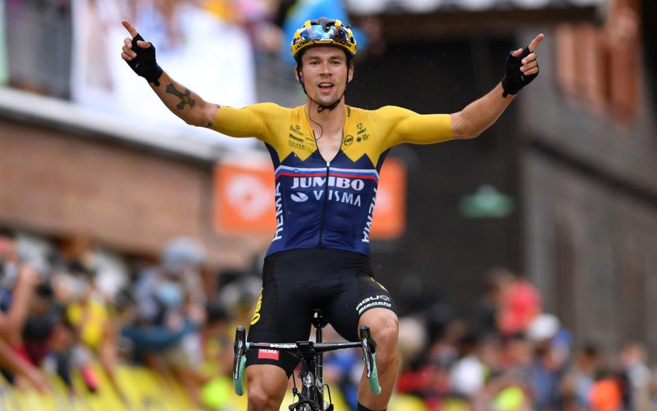 Arrival / Primoz Roglic of Slovenia and Team Jumbo - Visma / Celebration / during the 72nd Criterium du Dauphine 2020, Stage 2 a 135km stage from Vienne to Col de Porte-Chartreuse 1316m / @dauphine - Velo/Justin Setterfield