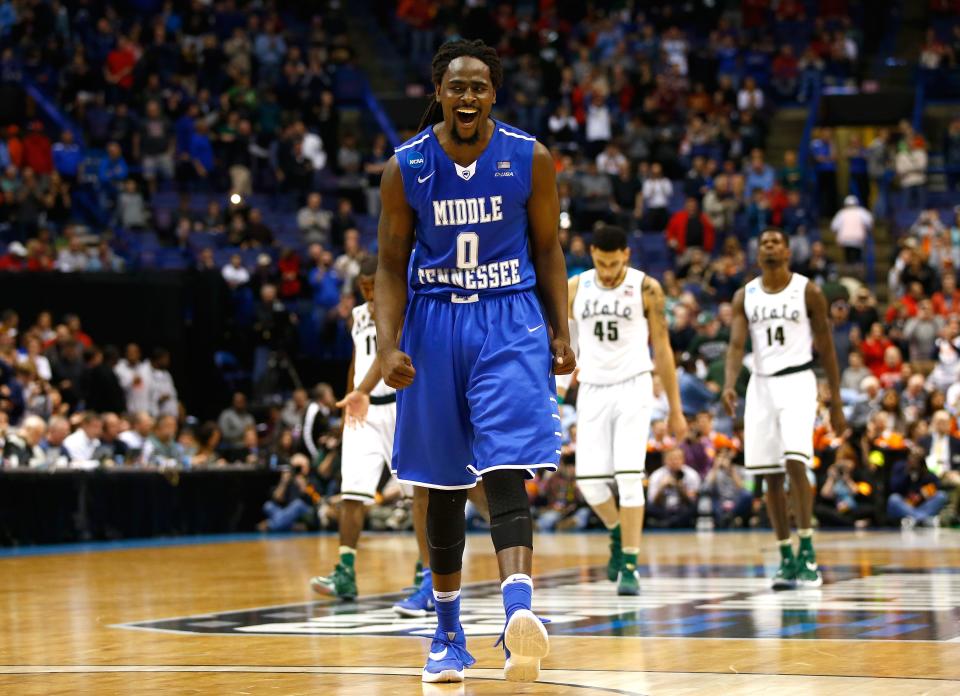 Darnell Harris of the Middle Tennessee Blue Raiders reacts late in the game against the Michigan State Spartans during the first round of the 2016 NCAA Men's Basketball Tournament at Scottrade Center on March 18, 2016 in St Louis, Missouri.