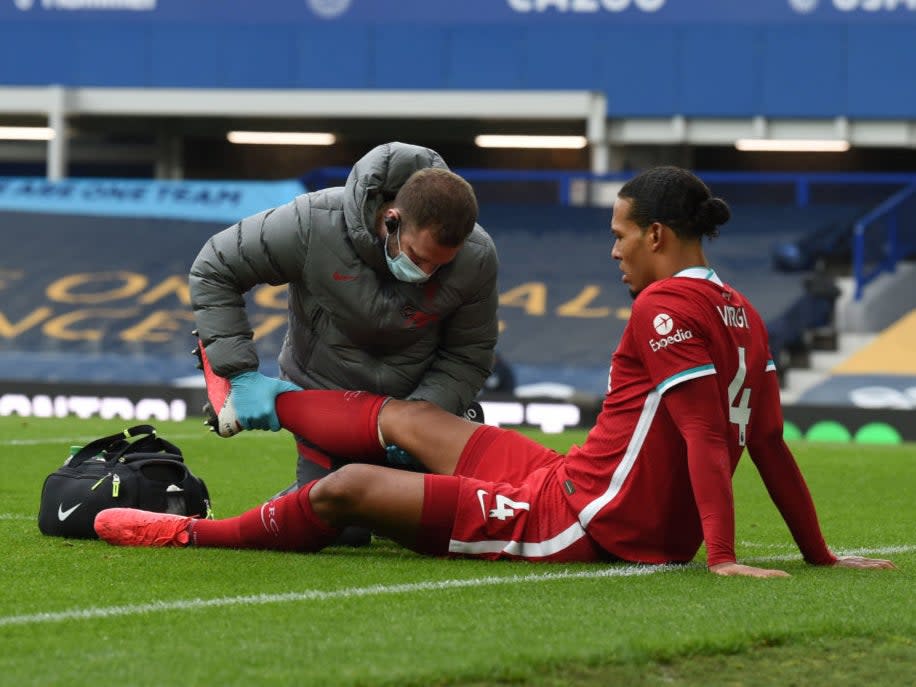 Virgil van Dijk was injured by Jordan Pickford in the opening 10 minutesLiverpool FC via Getty Images