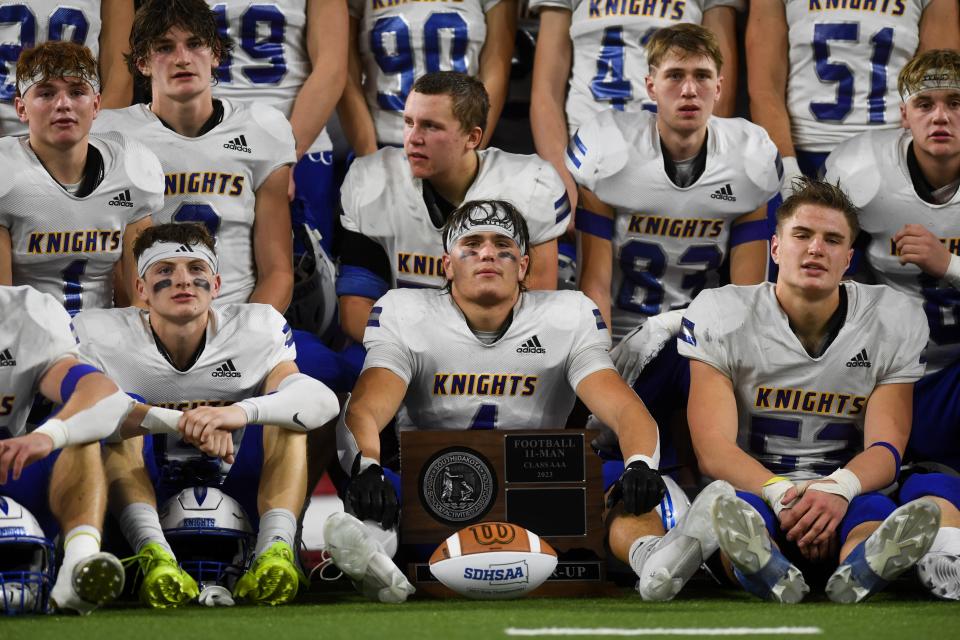 The O'Gorman Knights pose with their award on Saturday, Nov. 11, 2023 at the Dakota Dome in Vermillion, South Dakota.