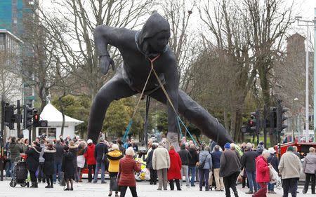 Britain's largest bronze sculpture, "Messenger" is driven to Plymouth Theatre Royal through the city centre in Plymouth, Britain, March 18, 2019. REUTERS/Peter Nicholls