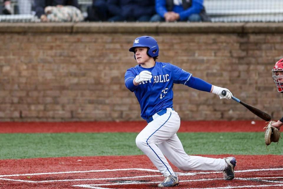 Lexington Catholic’s Brady Wasik (15) tripled in the sixth inning a hit against Manual to help the Knights take a 3-1 lead at Lexington Catholic High School on Friday. Silas Walker/swalker@herald-leader.com