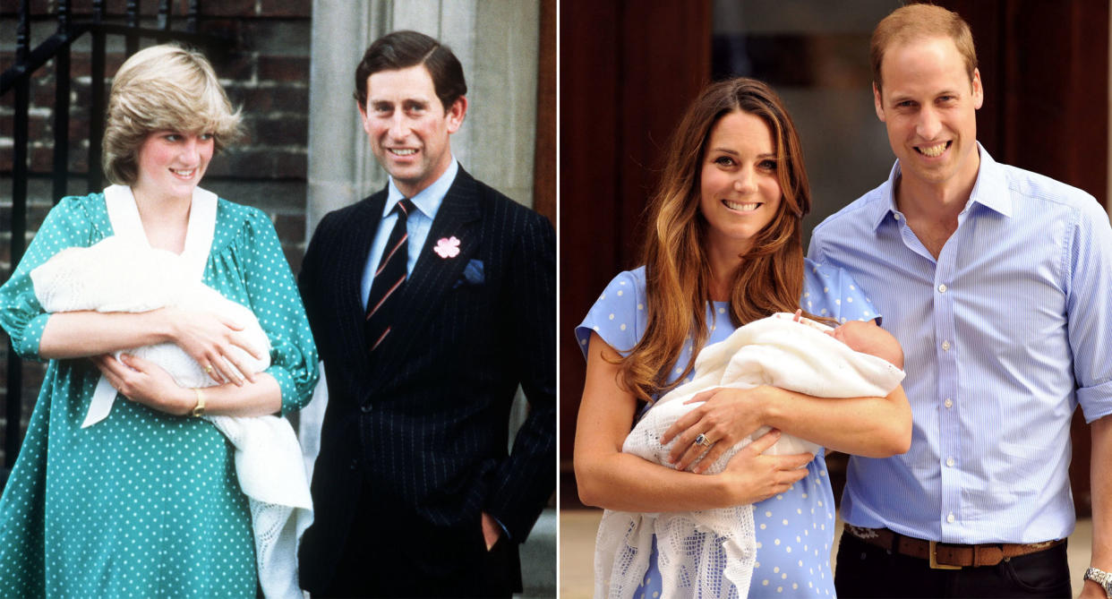 Diana and Charles with baby William in 1982 and Kate and William with baby George in 2013, outside the Lindo Wing [Photos: PA]