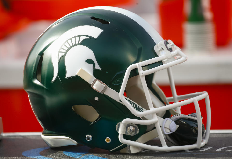 CHAMPAIGN, IL - NOVEMBER 05: A Michigan State Spartans helmet is seen during the game against the Illinois Fighting Illini at Memorial Stadium on November 5, 2016 in Champaign, Illinois. (Photo by Michael Hickey/Getty Images)