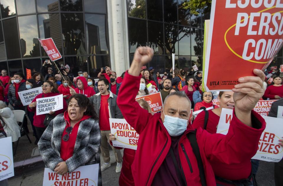 UTLA members, students, parents and community leaders rally in front of the L.A. Unified headquarters.