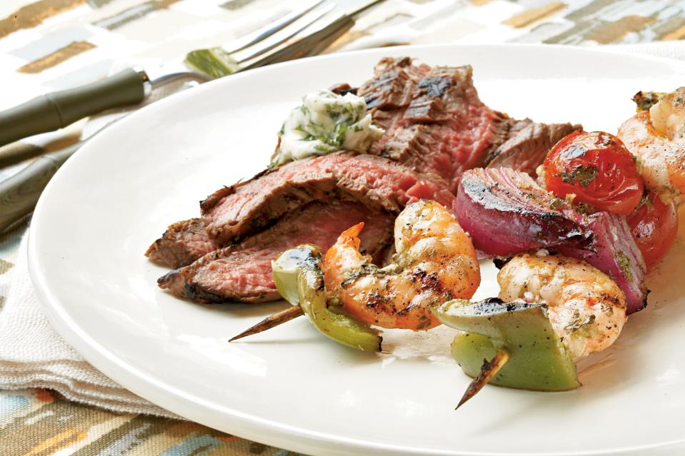 Ginger-Lime Marinated Shrimp Kebabs with Grilled Flank Steak and Cilantro Butter