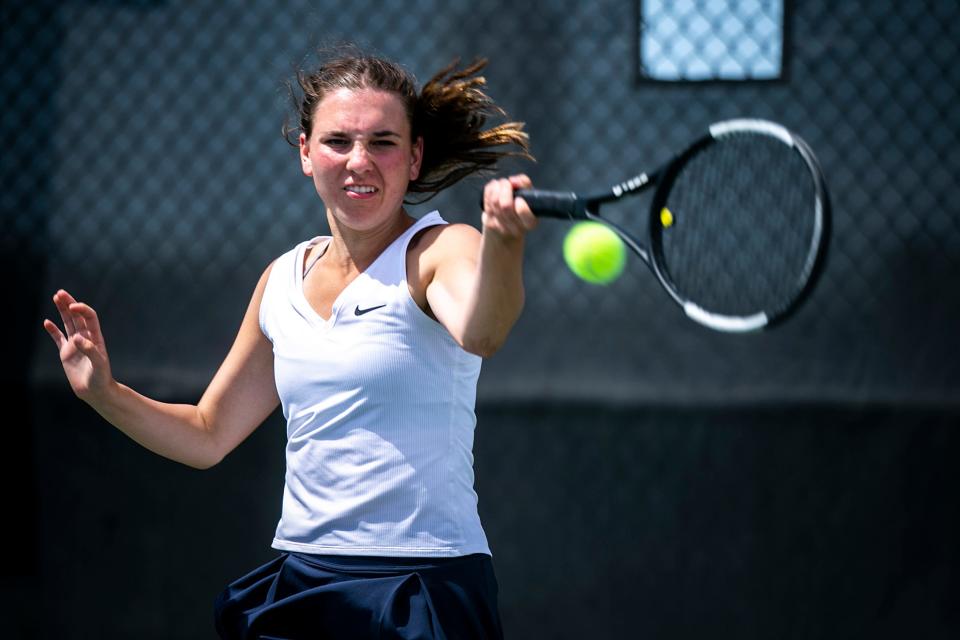 Cedar Rapids Xavier's Ella Tallett competes in the singles final during the Class 1A high school girls state tennis tournament on May 28 at the Hawkeye Tennis and Recreation Complex in Iowa City, Iowa.