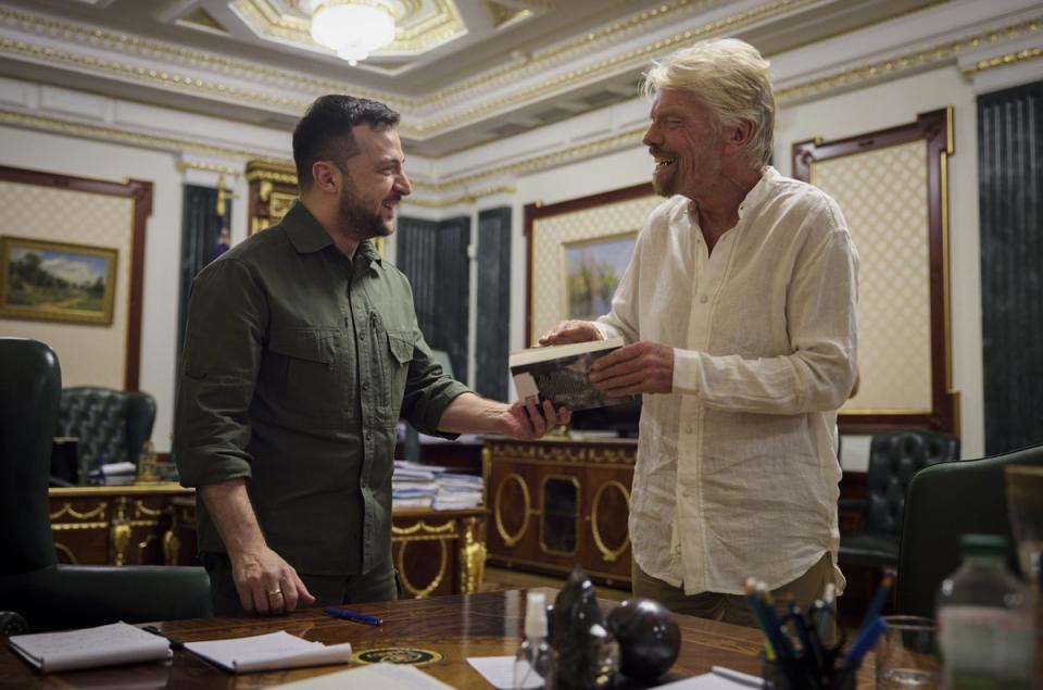 Ukrainian President Volodymyr Zelensky during his meeting with Sir Richard Branson in Kyiv on Wednesday (Ukrainian Presidential Press Office/AP) (PA Media)