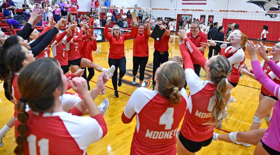 Cardinal Mooney Catholic High's (Sarasota, FL) traditional gathering in the center court after a three game sweep against Tampa Prep.