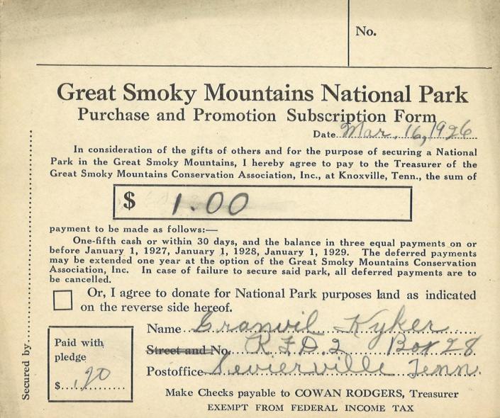 In 1926, Granvil Kyker, 14, of Sevierville, pledged $1 to help establish Great Smoky Mountains National Park.