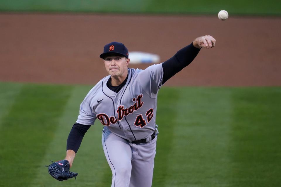 Detroit Tigers pitcher Tarik Skubal throws to an Oakland Athletics batter during the first inning in Oakland, Calif., on Thursday, April 15, 2021.