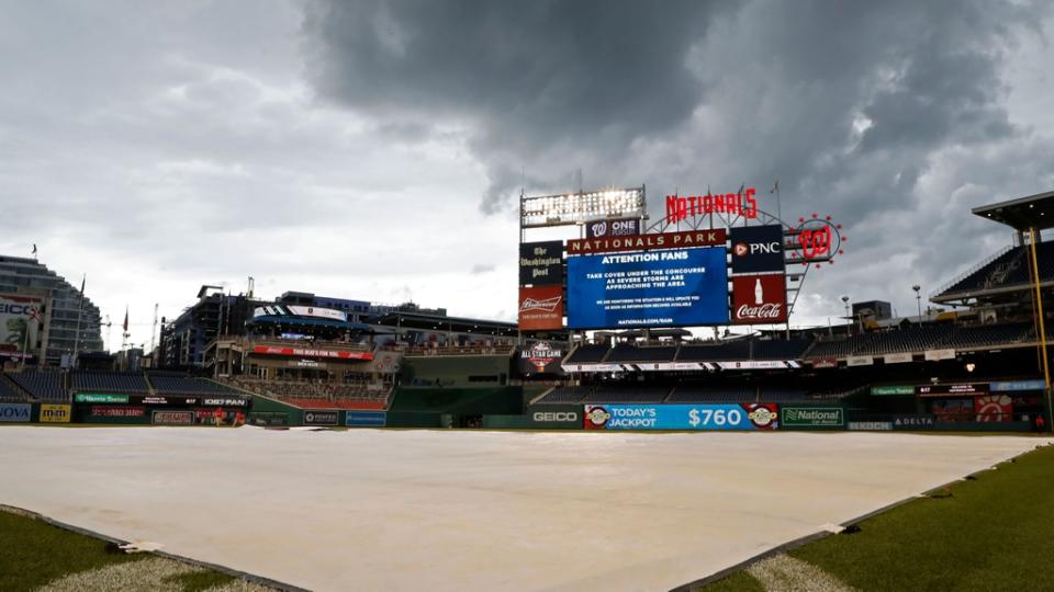 June 18, 2019;  Washington, D.C., USA;  A view of the field during a rain delay before the start of the game between the Philadelphia Phillies and Washington Nationals at Nationals Park.