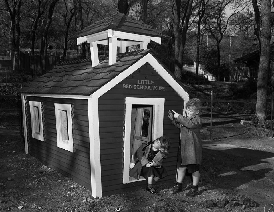 March 19, 1953: Danna, 4, and Tom Turner, 5, get a first look at the little red schoolhouse at Children’s Zoo at Forest Park in Fort Worth.