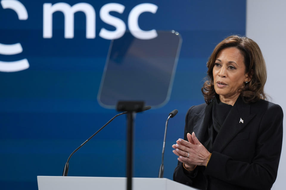 United States Vice-President Kamala Harris addresses the audience during the Munich Security Conference at the Bayerischer Hof Hotel in Munich, Germany, Friday, Feb. 16, 2024. The 60th Munich Security Conference (MSC) is taking place from Feb. 16 to Feb. 18, 2024. (AP Photo/Matthias Schrader)