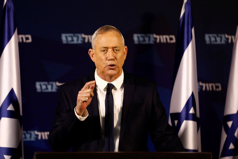 Benny Gantz, leader of Blue and White party, delivers a statement near Tel Aviv