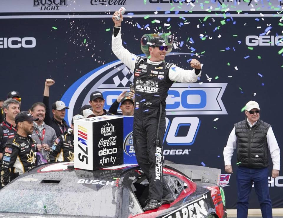 Apr 23, 2023; Talladega, Alabama, USA; NASCAR Cup Series driver Kyle Busch (8) celebrates after winning the Geico 500 at Talladega Superspeedway. Mandatory Credit: Marvin Gentry-USA TODAY Sports