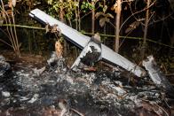 <p>The tail of the burned fuselage of a small plane that crashed, rests near trees in Guanacaste, Corozalito, Costa Rica on December 31, 2017. (Photo: Ezequiel Becerra/AFP/Getty Images) </p>