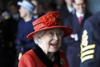 Britain's Queen Elizabeth II visits the HMS Queen Elizabeth at HM Naval Base, ahead of the ship's maiden deployment, in Portsmouth, England, Saturday May 22, 2021. HMS Queen Elizabeth will be leading a 28-week deployment to the Far East that Prime Minister Boris Johnson has insisted is not confrontational towards China. (Steve Parsons/Pool Photo via AP)