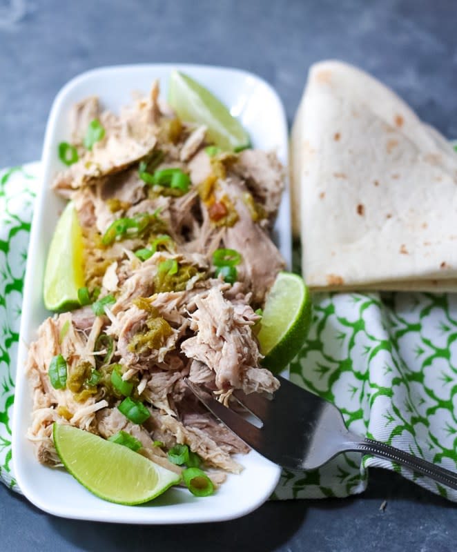 <p>Life with the Crust Cut Off</p><p>A five-ingredient dinner that is ready when you are! You can use it in so many ways, like tacos!</p><p><strong>Get the recipe: <a href="https://lifewiththecrustcutoff.com/slow-cooker-green-chile-pork/" rel="nofollow noopener" target="_blank" data-ylk="slk:Slow Cooker Green Chile Pork;elm:context_link;itc:0;sec:content-canvas" class="link rapid-noclick-resp">Slow Cooker Green Chile Pork</a></strong></p>