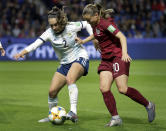 Argentina's Agustina Barroso, left, and England's Fran Kirby, right, challenge for the ball during the Women's World Cup Group D soccer match between England and Argentina at the Stade Oceane in Le Havre, France, Friday, June 14, 2019. (AP Photo/Alessandra Tarantino)