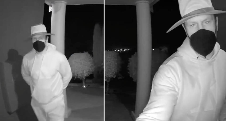 The man standing outside a front door (left) and a close up of the man (right), 
