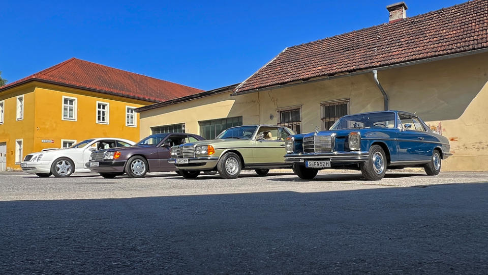 Four classic Mercedes-Benz coupe's, from the automaker's museum, on display in Salzburg, Austria.
