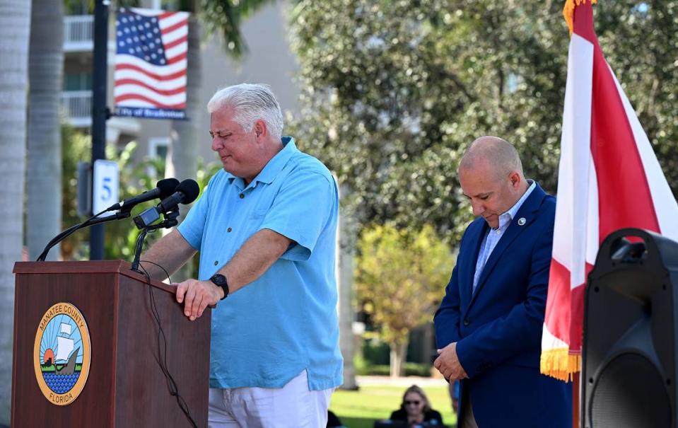 Pastor Dirk Rodgers of the Roser Memorial Church gives a blessing as the Gulf Island Ferry fleet of two catamarans were launched on Monday, Nov. 20, 2023 after a brief ceremony on Bradenton’s Riverwalk. The water taxis to Anna Maria Island will begin for the public on Dec. 8.