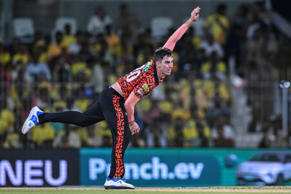 Sunrisers Hyderabad's captain Pat Cummins bowls during the Indian Premier League (IPL) Twenty20 cricket match between Chennai Super Kings and Sunrisers Hyderabad at the MA Chidambaram Stadium in Chennai on April 28, 2024. (Photo by R.Satish BABU / AFP) / -- IMAGE RESTRICTED TO EDITORIAL USE - STRICTLY NO COMMERCIAL USE -- (Photo by R.SATISH BABU/AFP via Getty Images)